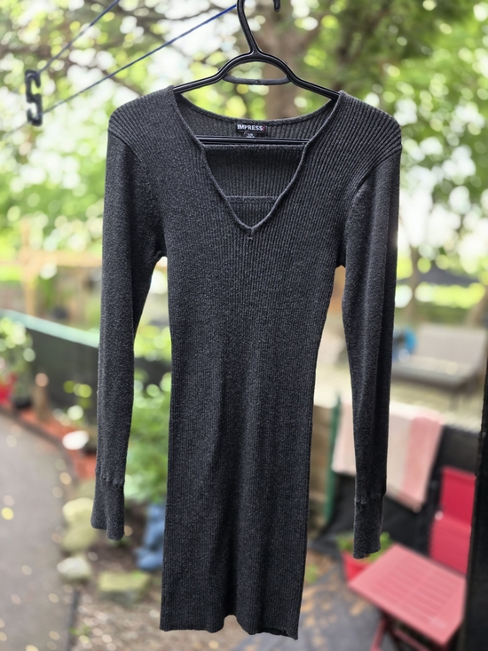 imPRESS Dresses & Skirts - imPRESS Dark Grey Ribbed V-Neck Long Sleeve Knit Dress